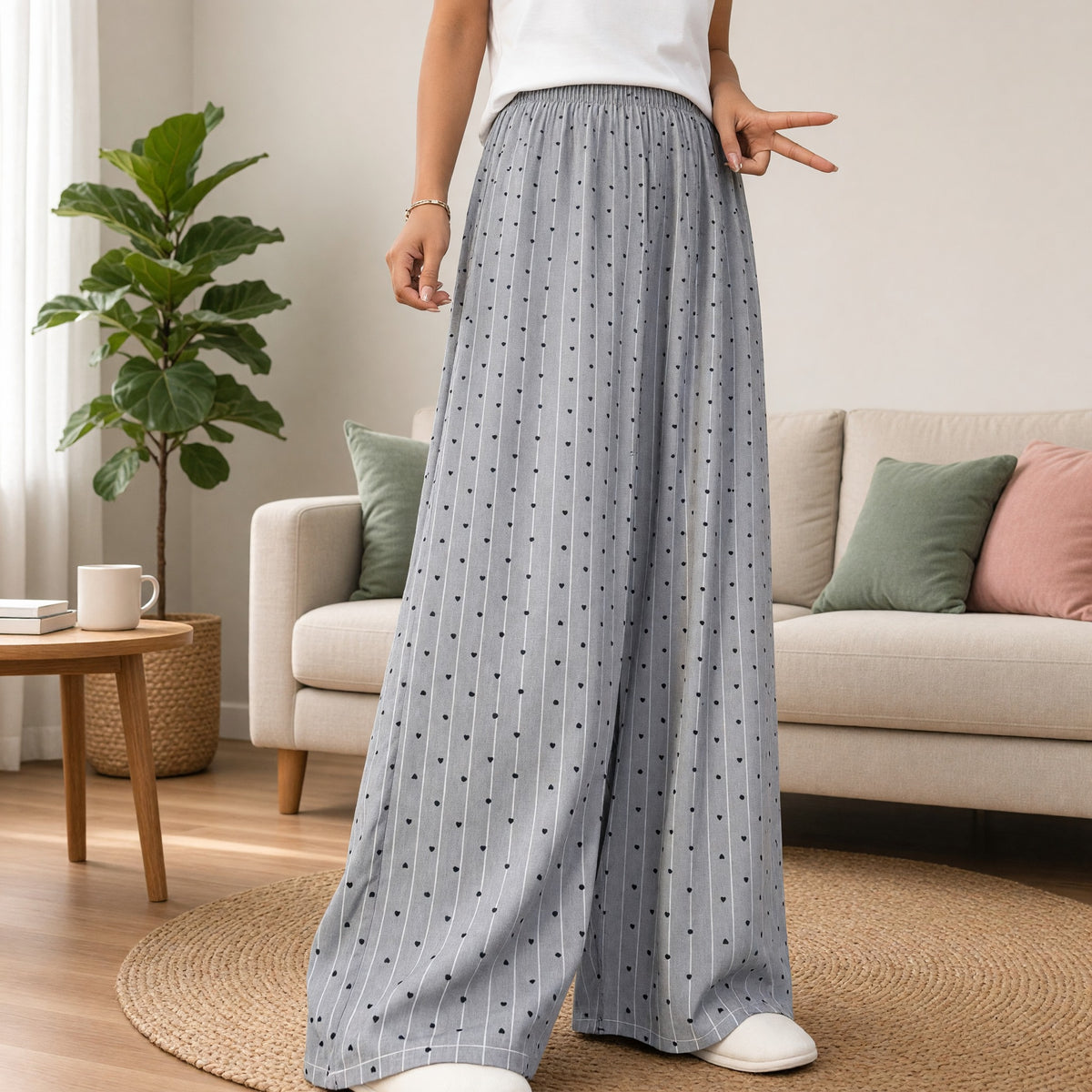 Grey Heart Wide-Leg Lounge Pants