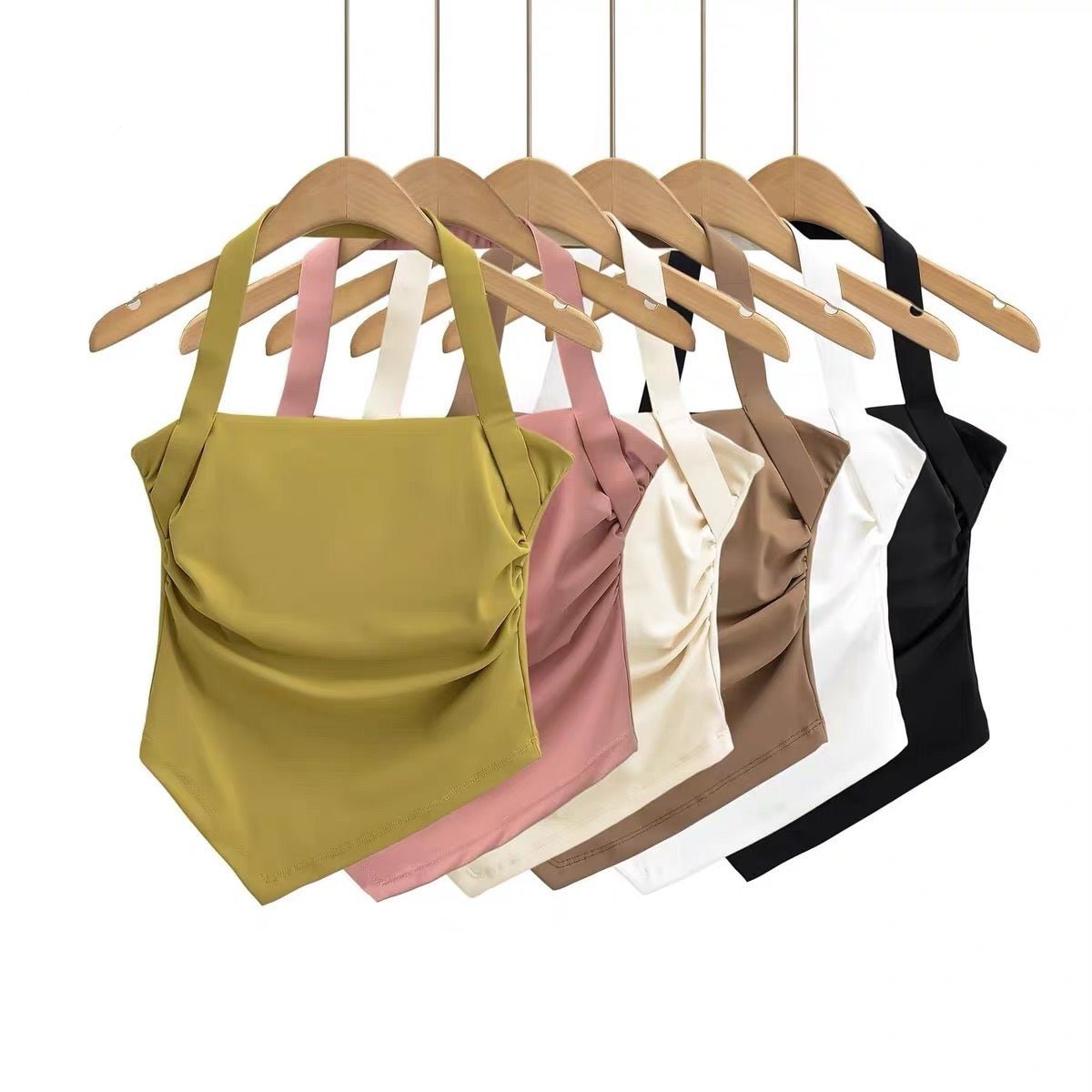 Halter Neck Ruched Crop Top with Built - in Bra - Zero Bra