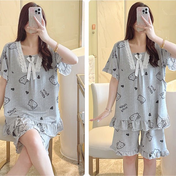 Kitty Love Nursing PJ Set โ Maternity & Summer Cozy Charm - Zero Bra