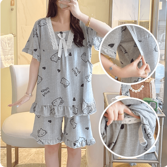 Kitty Love Nursing PJ Set – Maternity & Summer Cozy Charm - Zero Bra