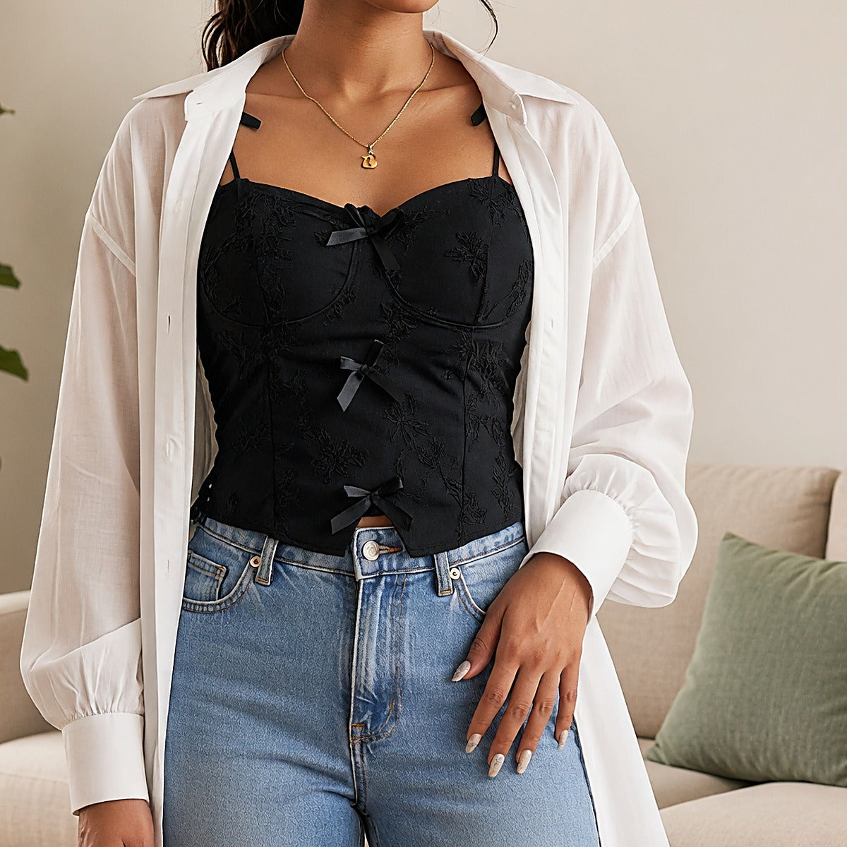 Lace Bow-Tie Built-in Bra Corset Top