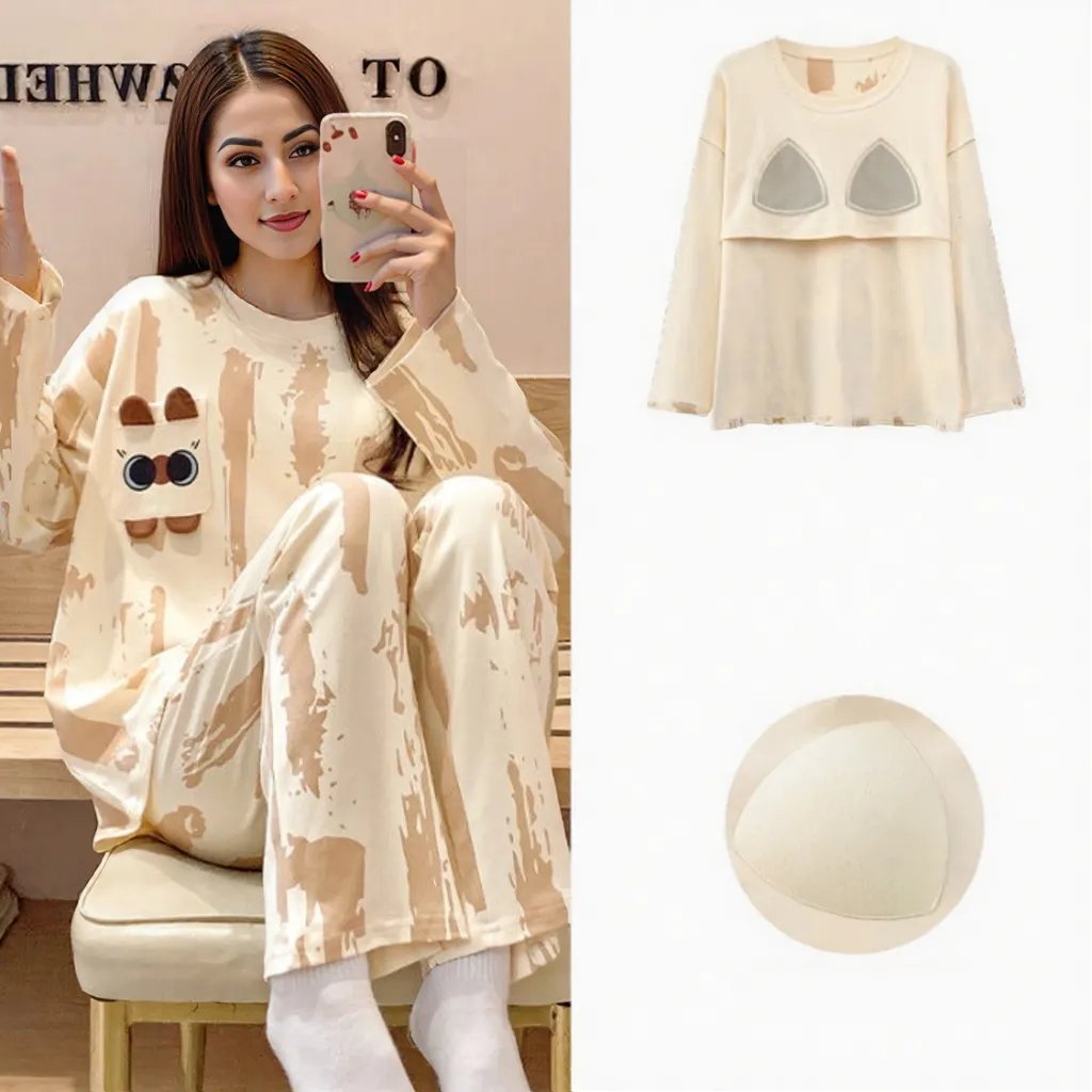 Latte Swirl Pajama Set – Built - In Bra Comfort - Zero Bra