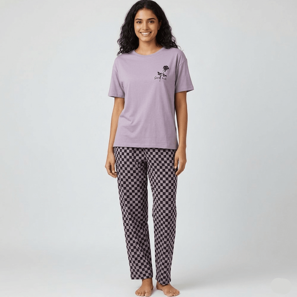 Lilac Checker Dream PJ Set – With Padded Ease - Zero Bra