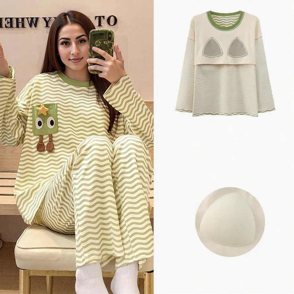 Matcha Vibes PJ Set – With Built - In Bra Bliss - Zero Bra