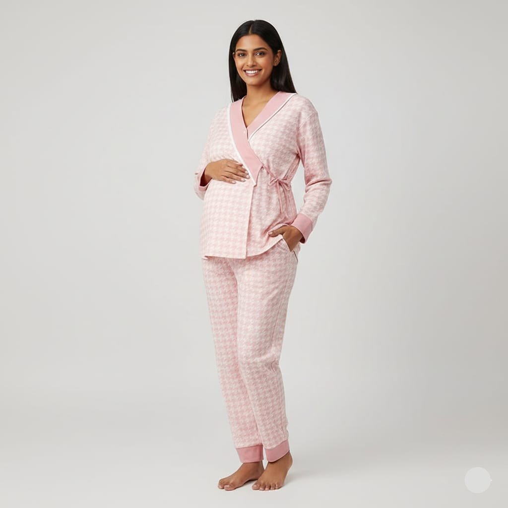 Maternity Blush Houndstooth Wrap PJ Set – With Padded Comfort - Zero Bra