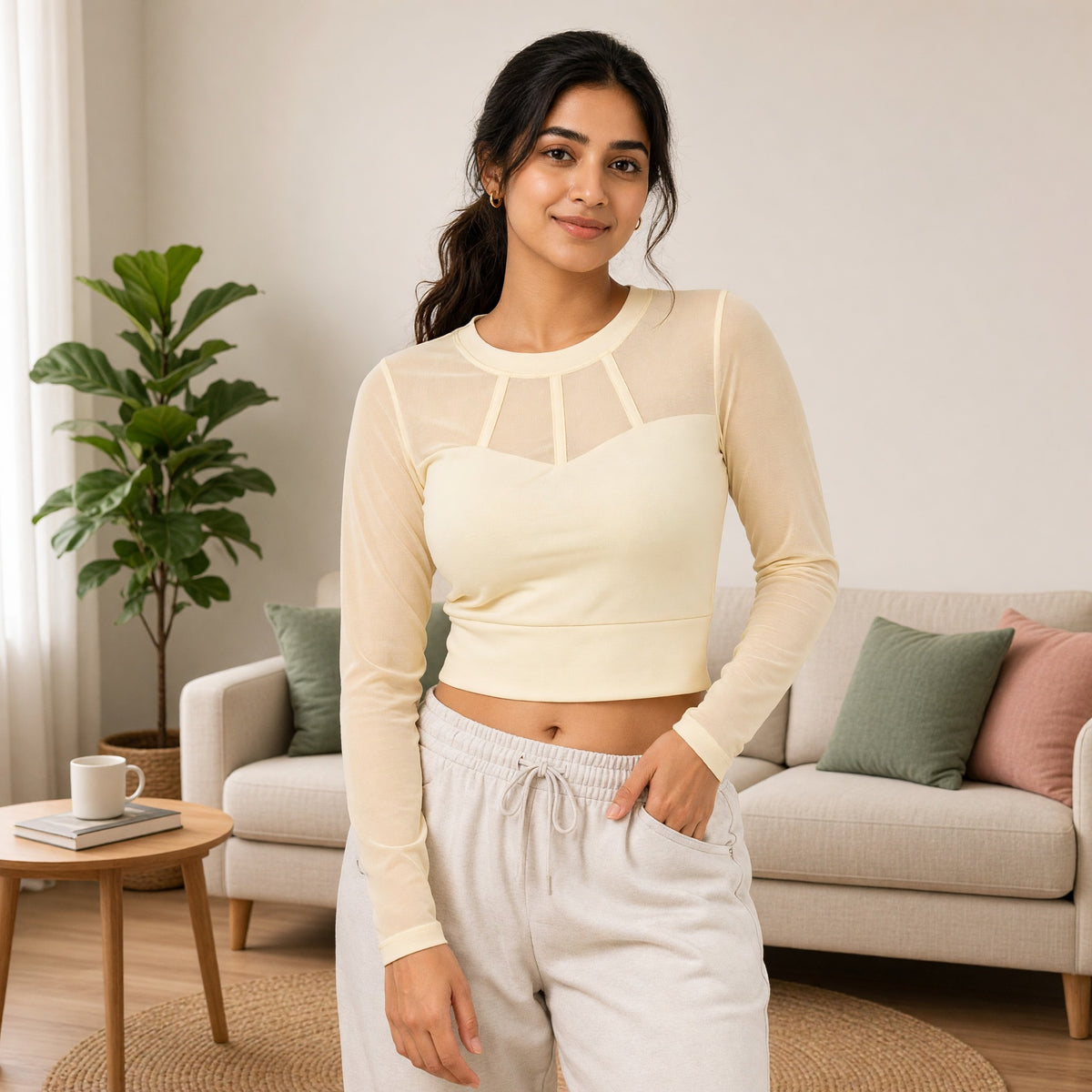 Mesh Long-Sleeve Built-in Bra Crop Top