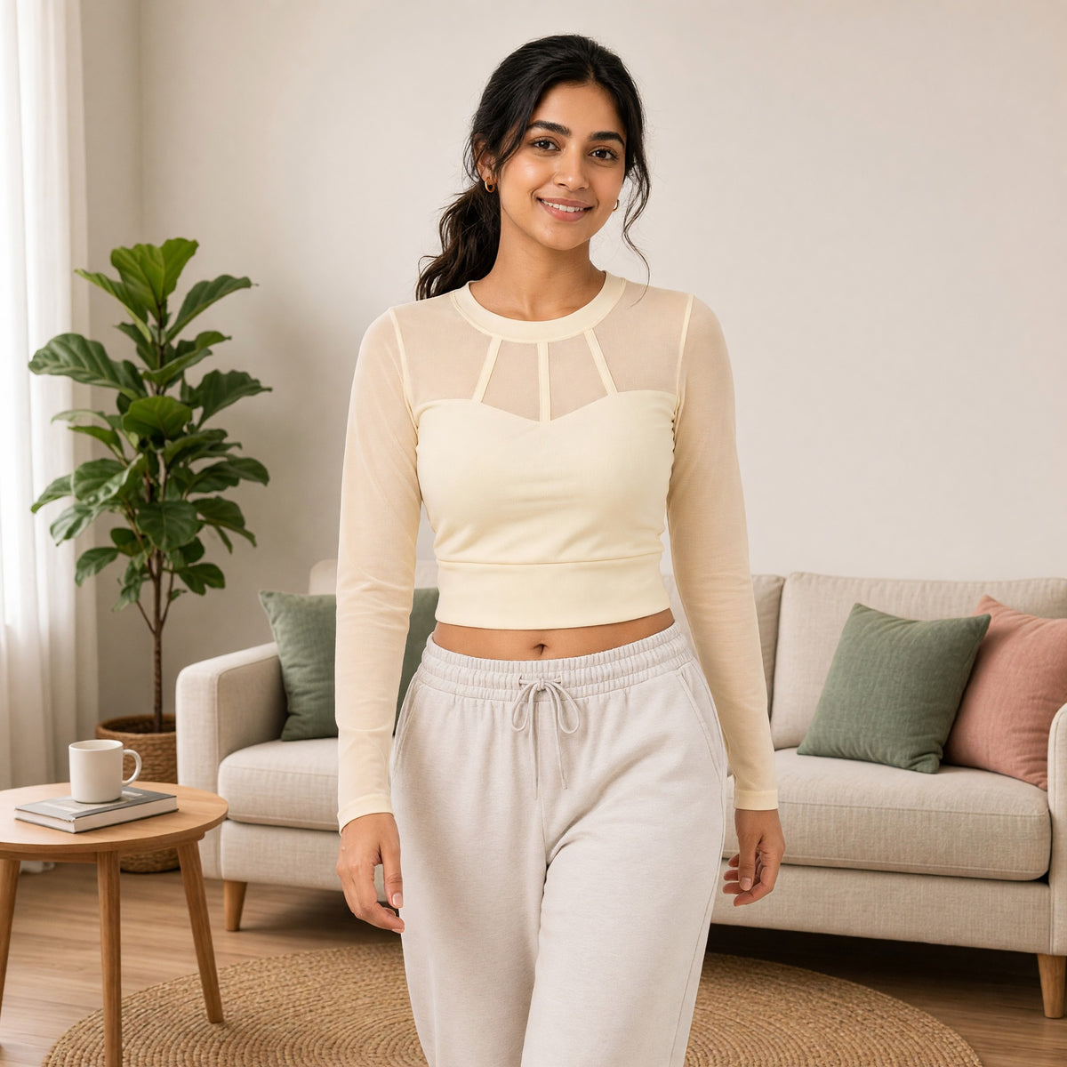 Mesh Long-Sleeve Built-in Bra Crop Top