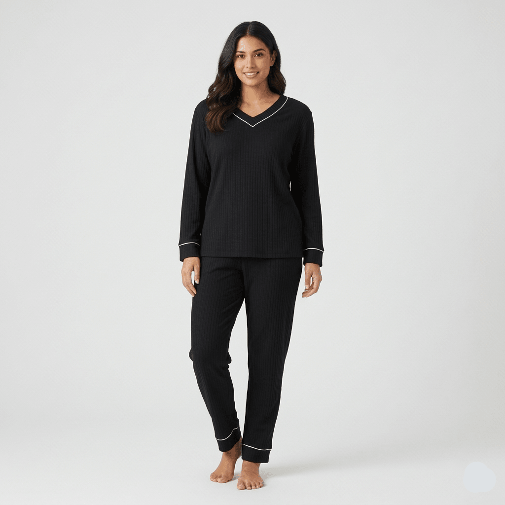 Midnight Luxe Ribbed PJ Set – With Padded Bliss - Zero Bra