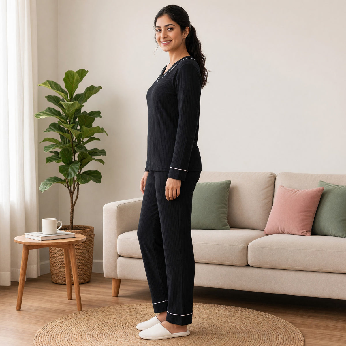 Midnight Luxe Ribbed Padded PJ Set