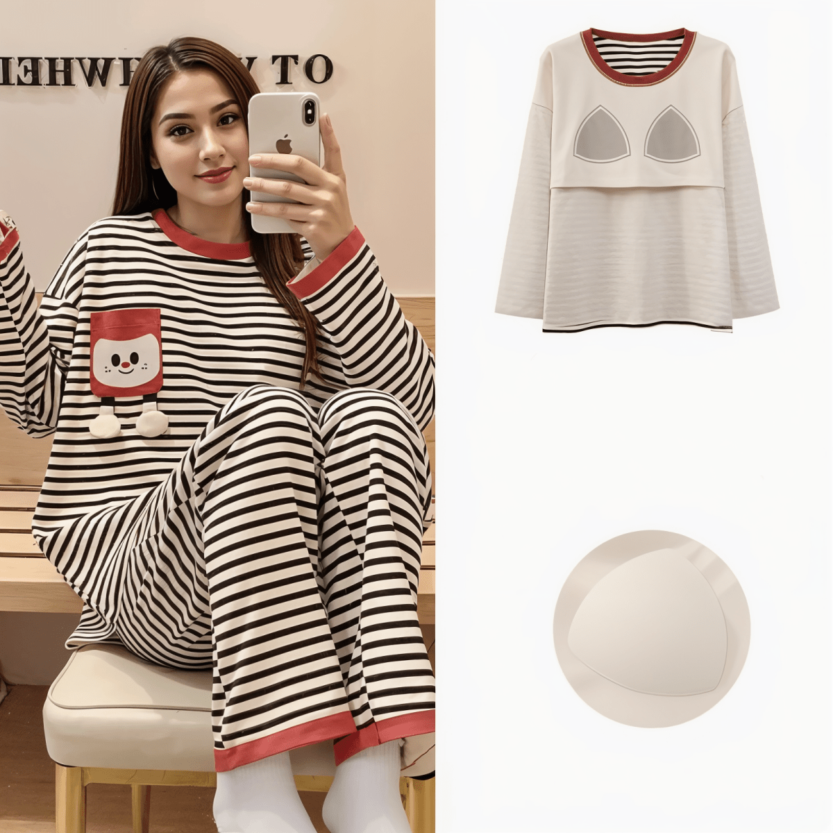 Midnight Mocha Stripe PJ Set β With Built - In Bra Magic - Zero Bra