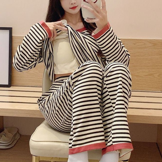 Midnight Mocha Stripe PJ Set β With Built - In Bra Magic - Zero Bra