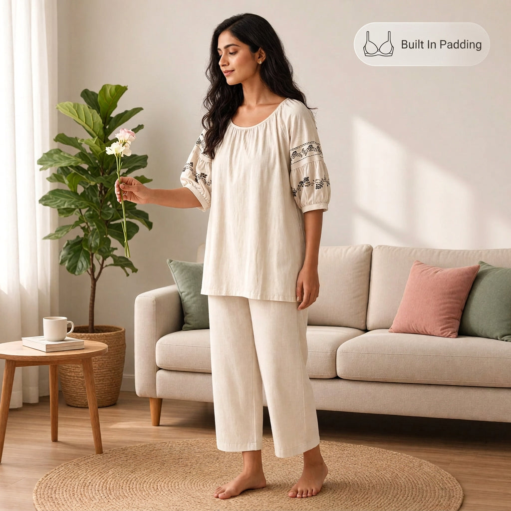 Moonlit Meadow Embroidered Padded Night Suit
