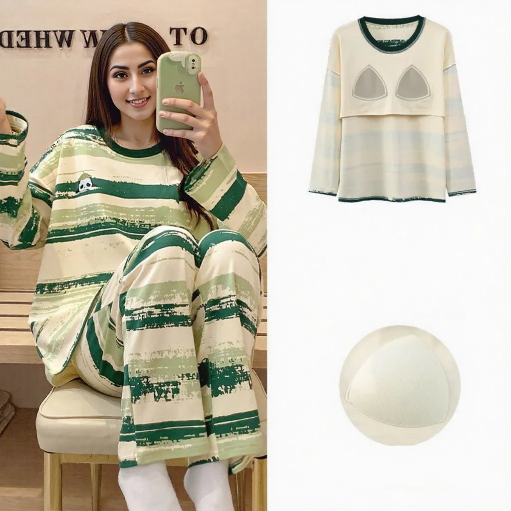 Mossy Vibes Pajama Set – Built - In Bra Edition - Zero Bra