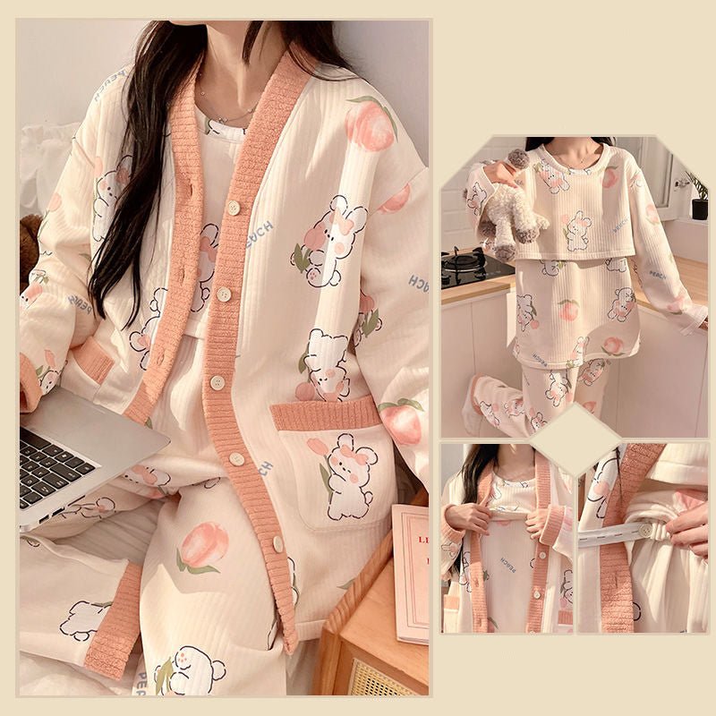 Peachy Bear Winter PJ Set – Maternity & Nursing Cozy Bliss - Zero Bra