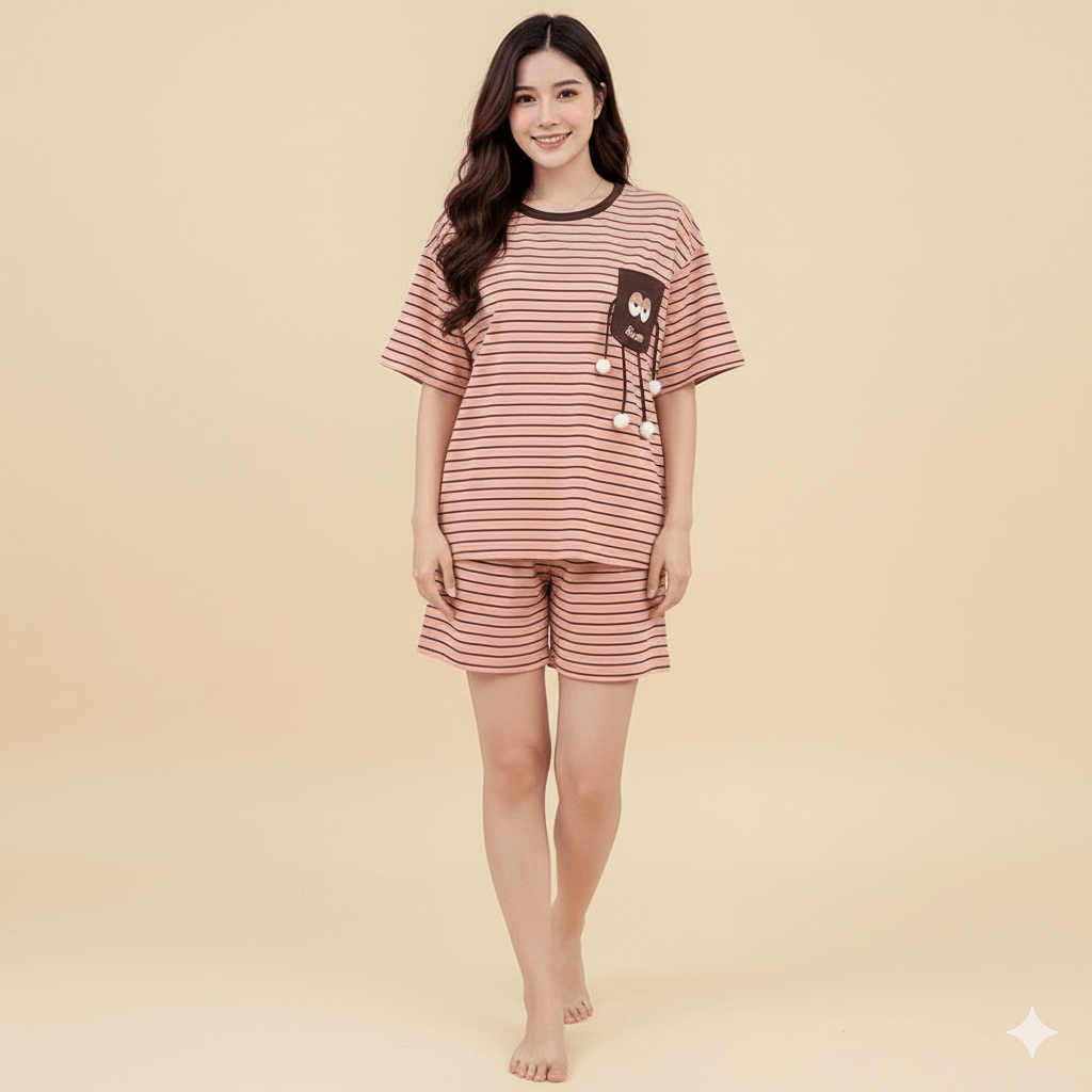 Peachy Stripes PJ Set – With Padded Bliss - Zero Bra