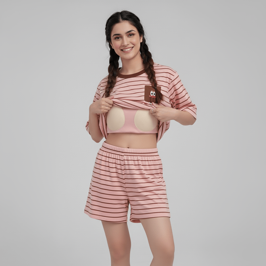 Peachy Stripes PJ Set – With Padded Bliss - Zero Bra