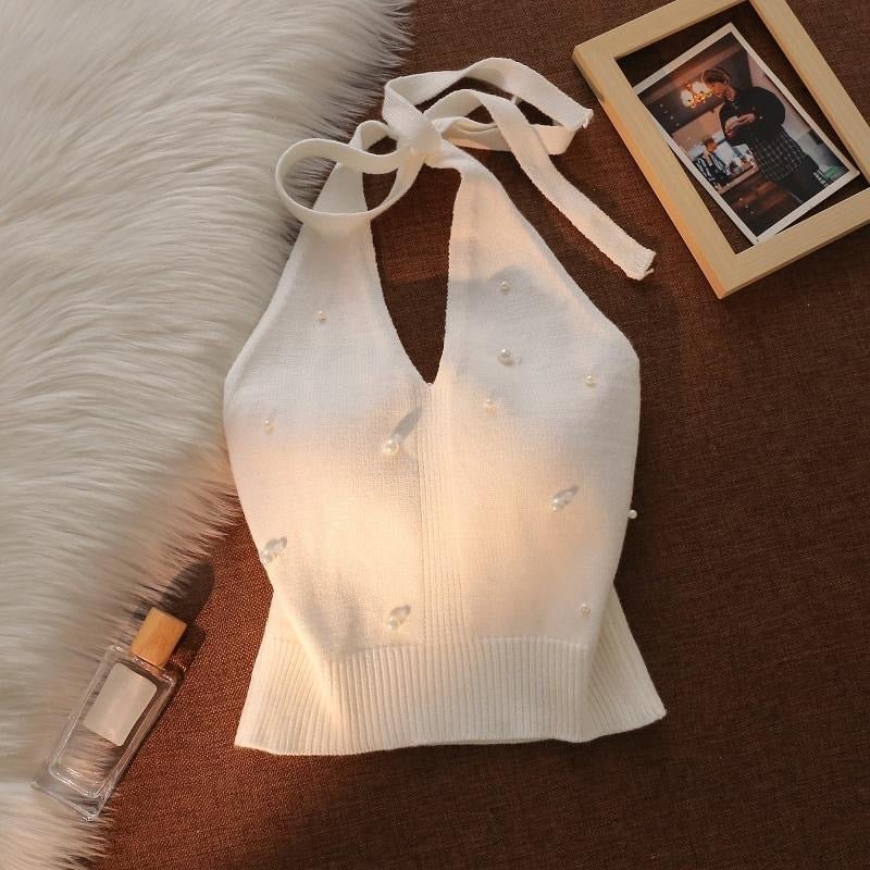 Pearl - Embellished Knit Halter Top with Built - In Bra – Luxe & Chic - Zero Bra