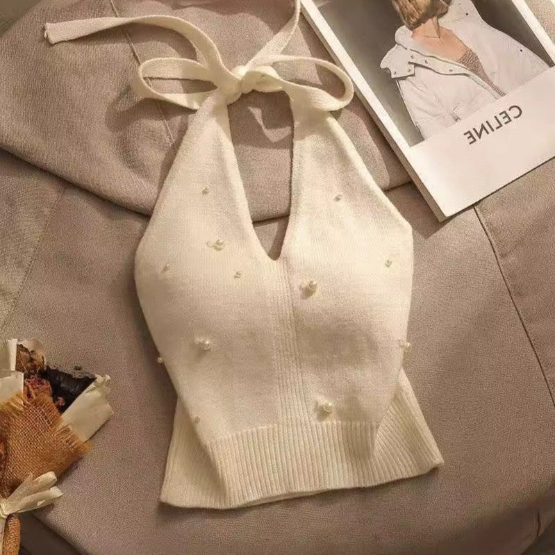 Pearl - Embellished Knit Halter Top with Built - In Bra – Luxe & Chic - Zero Bra