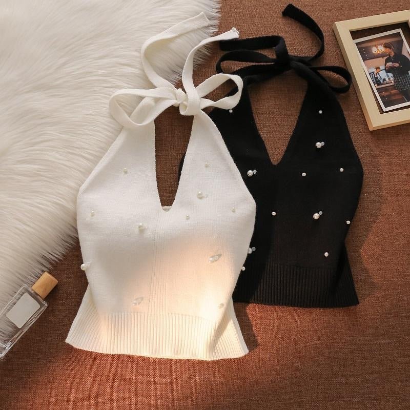 Pearl - Embellished Knit Halter Top with Built - In Bra – Luxe & Chic - Zero Bra
