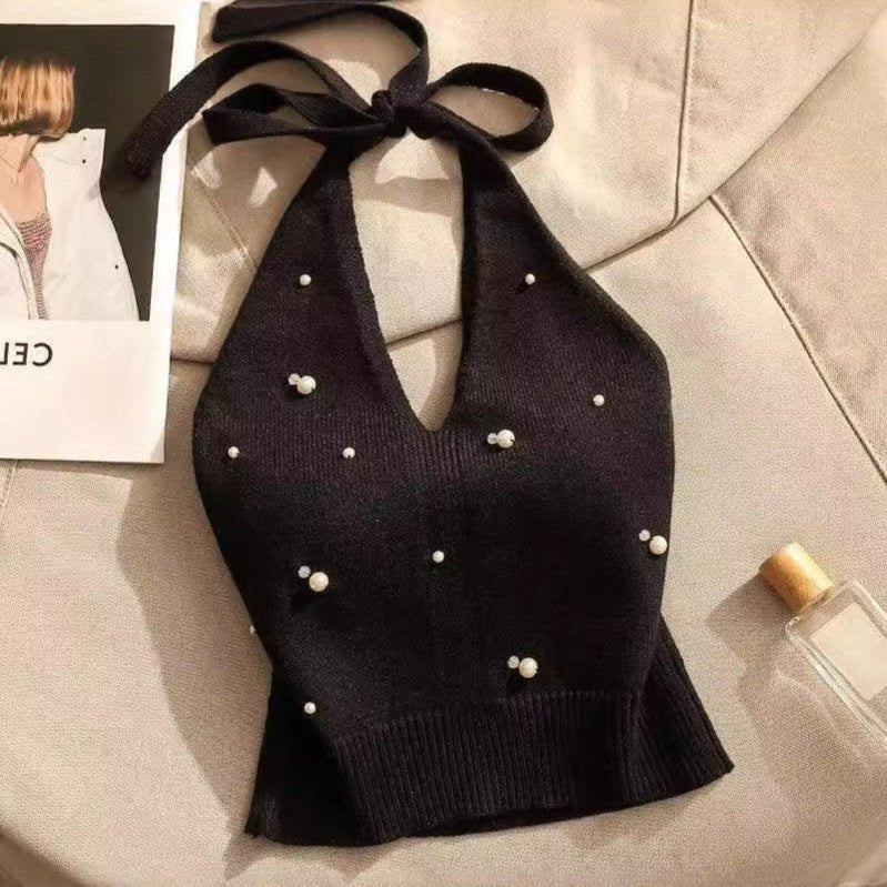 Pearl - Embellished Knit Halter Top with Built - In Bra – Luxe & Chic - Zero Bra