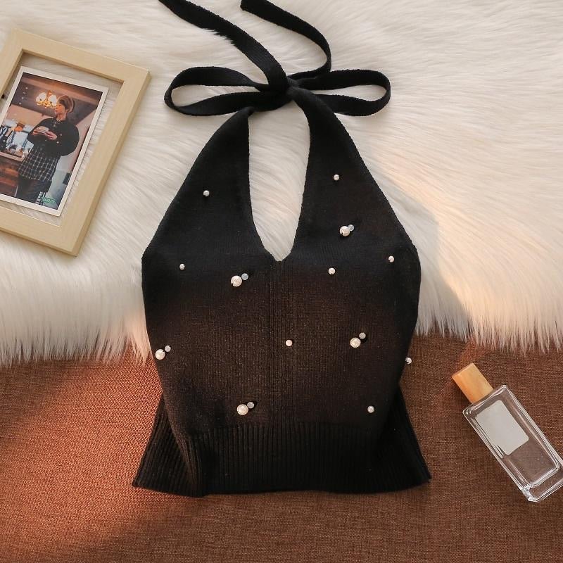 Pearl - Embellished Knit Halter Top with Built - In Bra – Luxe & Chic - Zero Bra