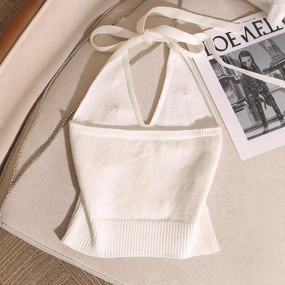 Pearl - Embellished Knit Halter Top with Built - In Bra – Luxe & Chic - Zero Bra