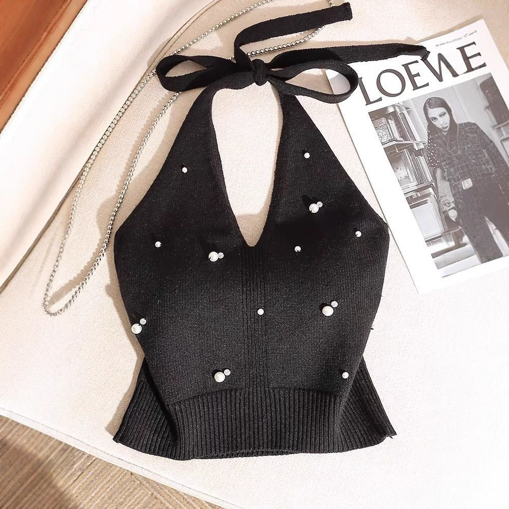 Pearl - Embellished Knit Halter Top with Built - In Bra – Luxe & Chic - Zero Bra