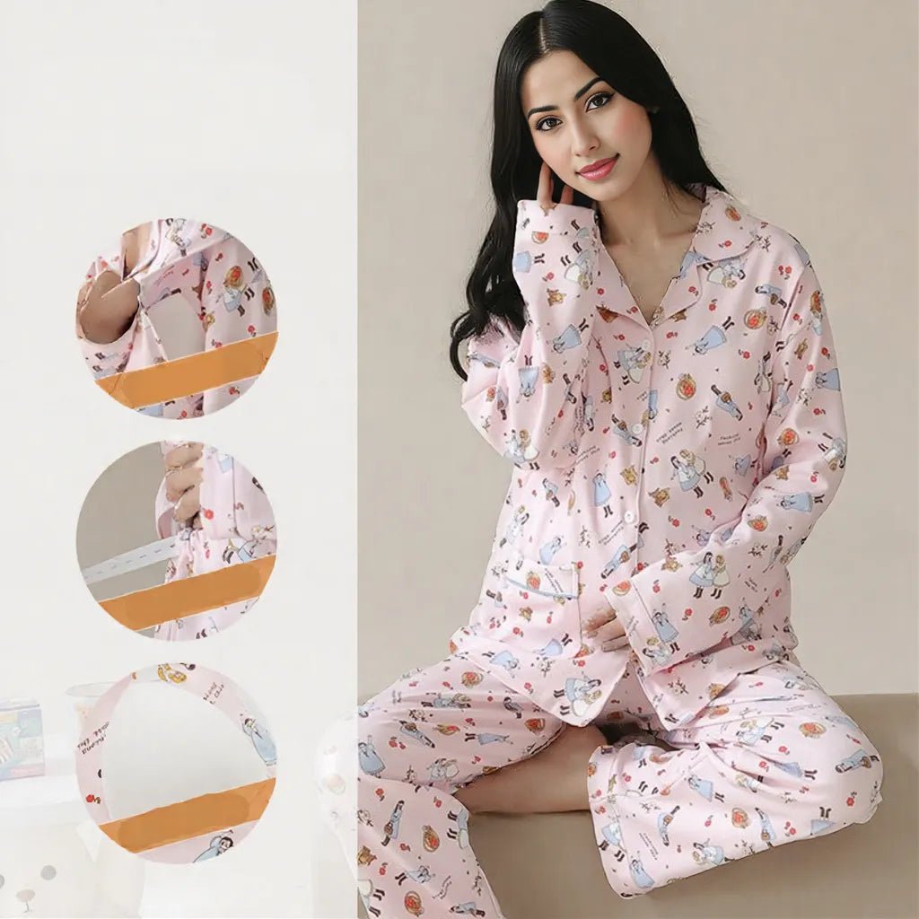 Pink Cartoon Maternity & Nursing Padded PJ Set – Playful Comfort for Mama Life - Zero Bra