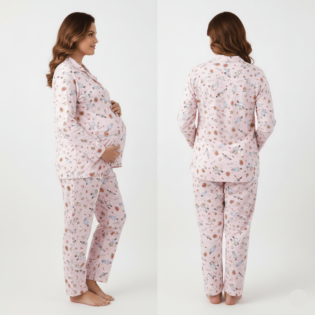 Pink Cartoon Maternity & Nursing Padded PJ Set – Playful Comfort for Mama Life - Zero Bra