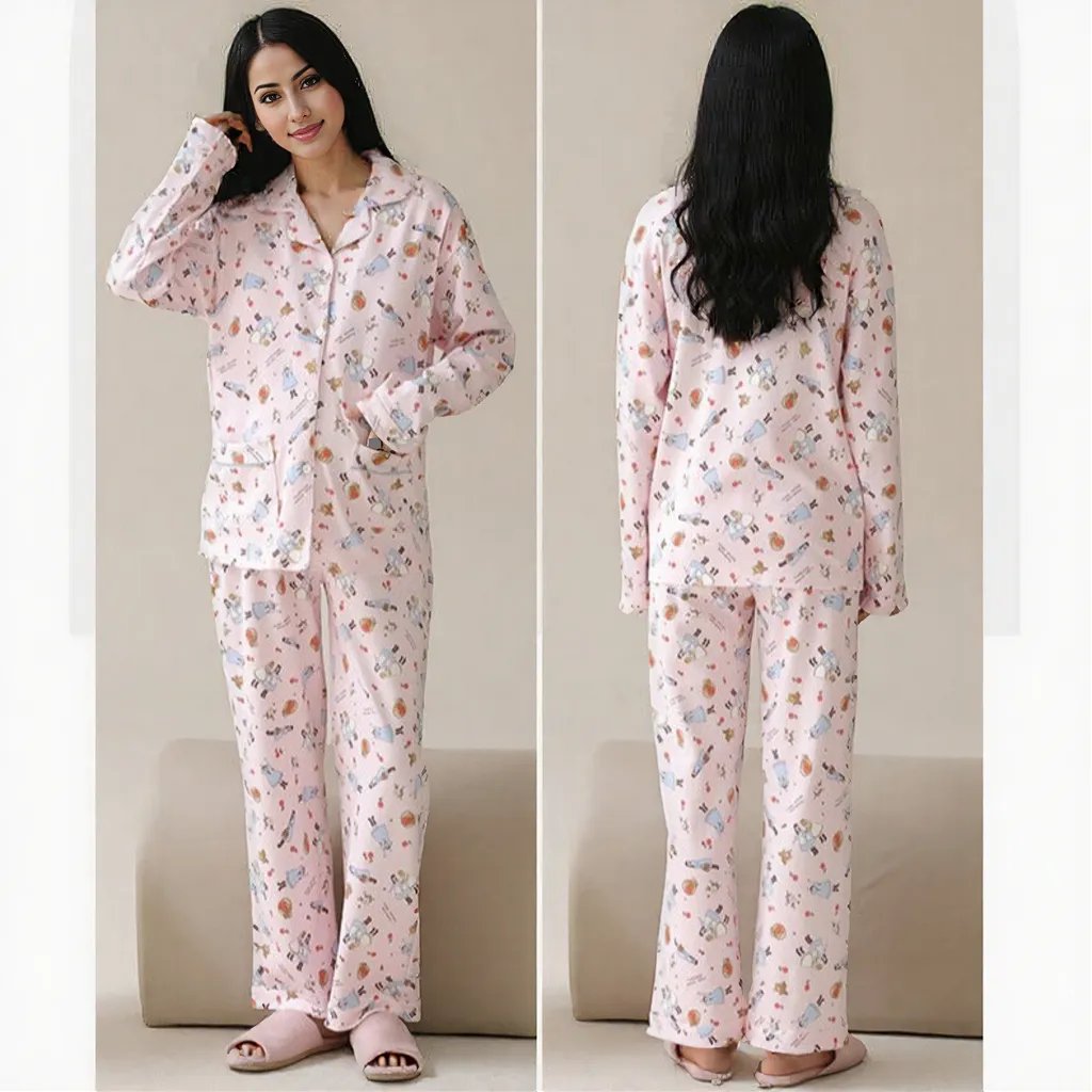Pink Cartoon Maternity & Nursing Padded PJ Set – Playful Comfort for Mama Life - Zero Bra