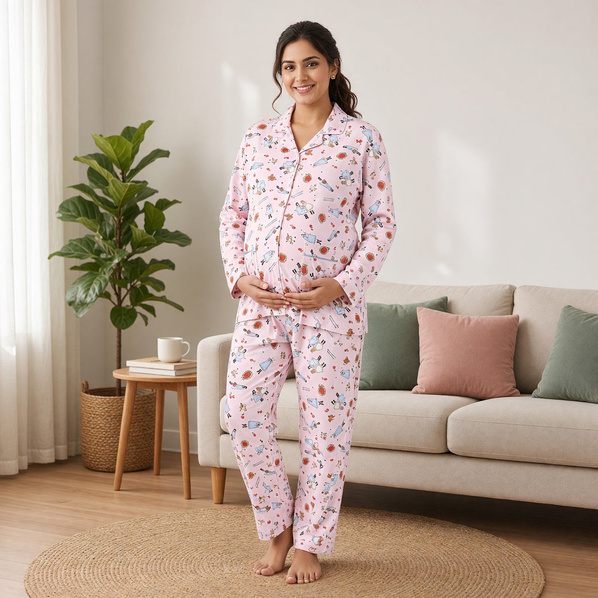Pink Cartoon Padded Feeding Night Suit