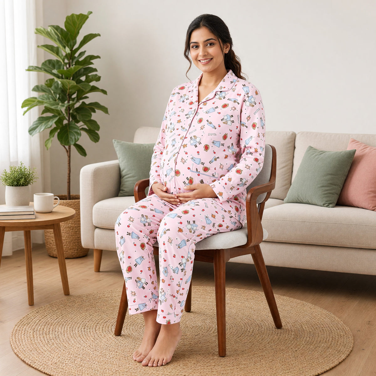 Pink Cartoon Padded Feeding Night Suit