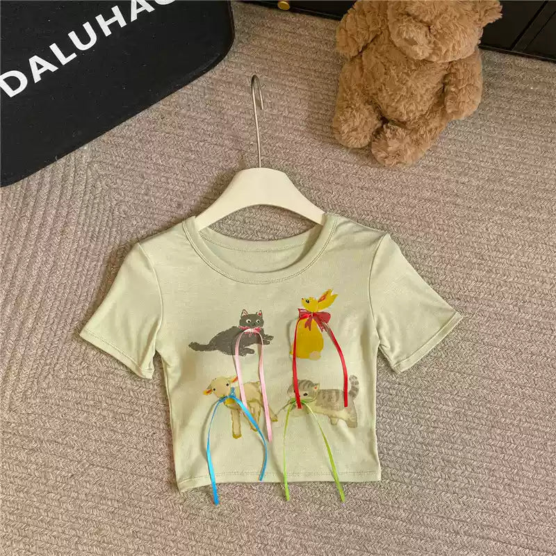 Playful Cat Graphic Crop Top with Built - In Bra – Fun, Comfy & Whimsical - Zero Bra