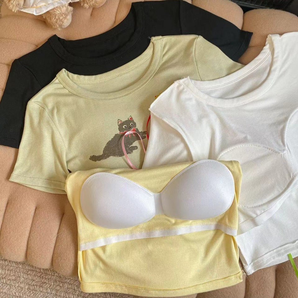 Playful Cat Graphic Crop Top with Built - In Bra – Fun, Comfy & Whimsical - Zero Bra