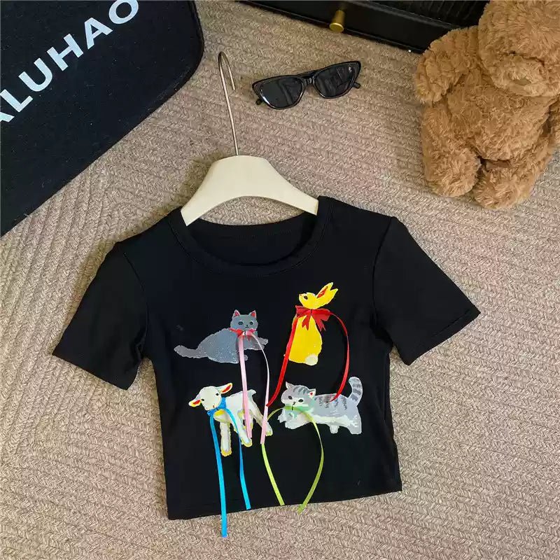 Playful Cat Graphic Crop Top with Built - In Bra – Fun, Comfy & Whimsical - Zero Bra