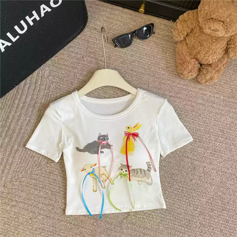 Playful Cat Graphic Crop Top with Built - In Bra – Fun, Comfy & Whimsical - Zero Bra