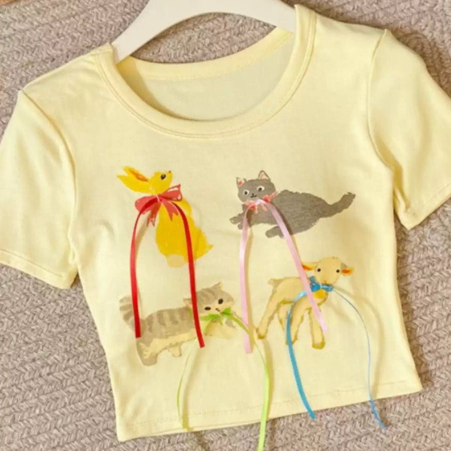 Playful Cat Graphic Crop Top with Built - In Bra – Fun, Comfy & Whimsical - Zero Bra