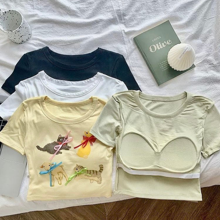 Playful Cat Graphic Crop Top with Built - In Bra – Fun, Comfy & Whimsical - Zero Bra