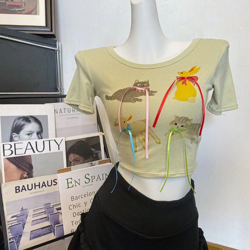 Playful Cat Graphic Crop Top with Built - In Bra – Fun, Comfy & Whimsical - Zero Bra