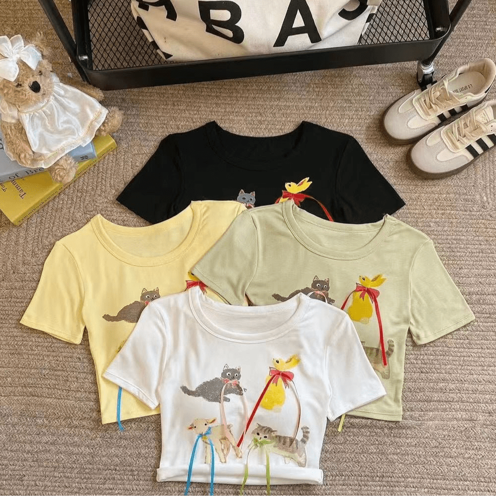 Playful Cat Graphic Crop Top with Built - In Bra – Fun, Comfy & Whimsical - Zero Bra