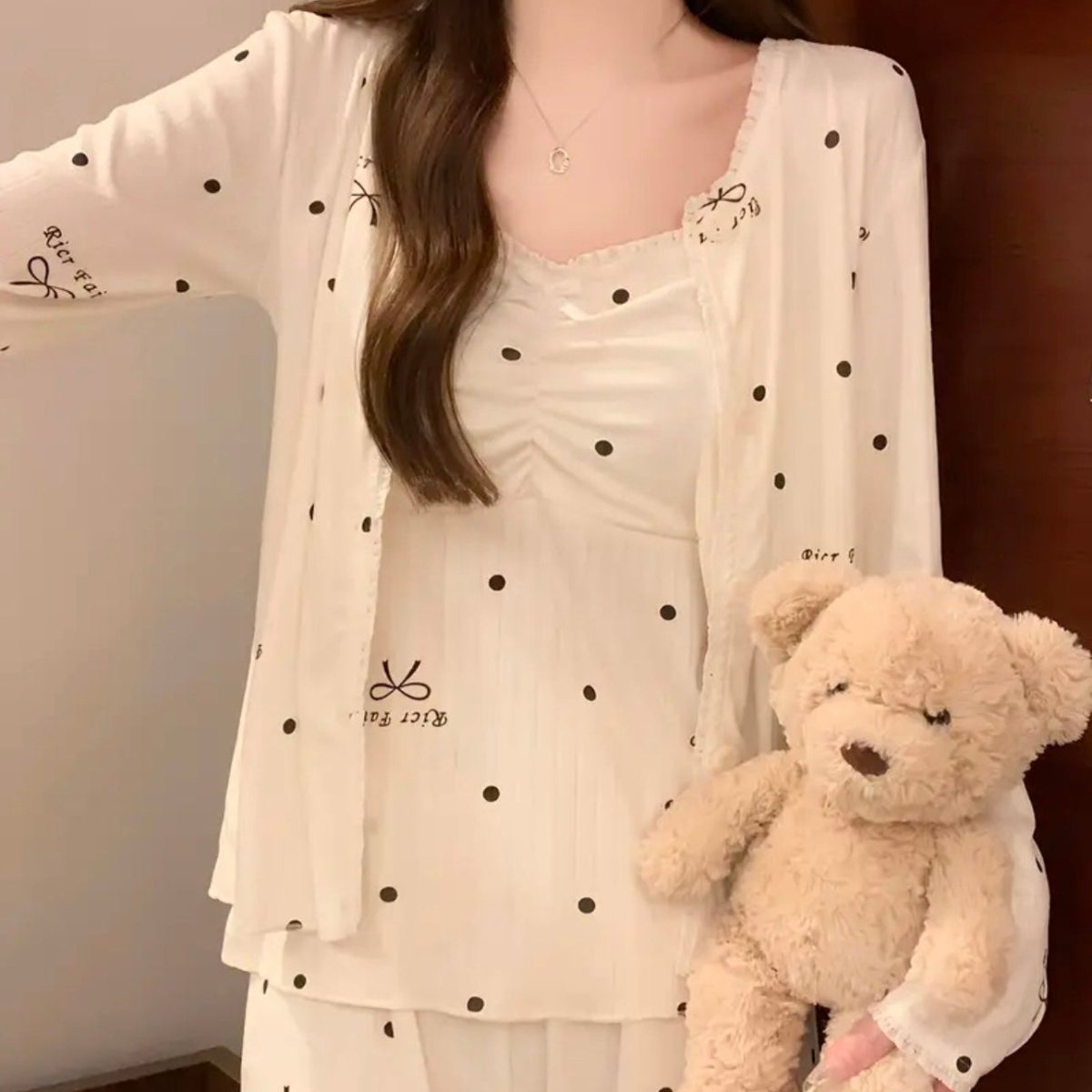 Polka Dot Bow Built - In Bra Pajama Set – Sweet & Stylish - Zero Bra