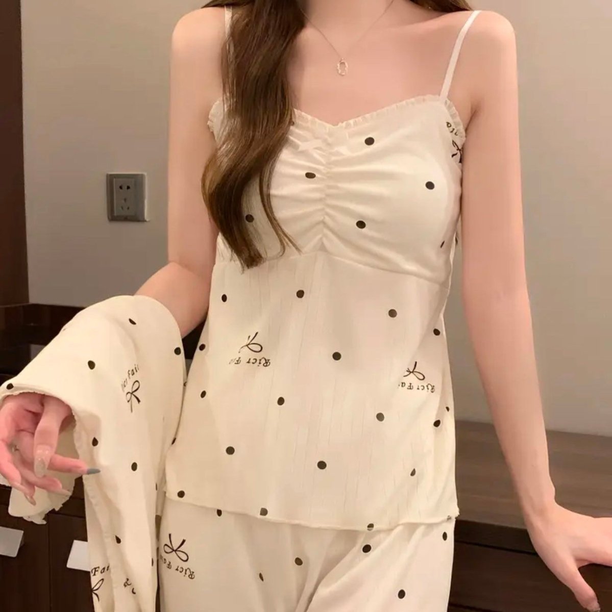 Polka Dot Bow Built - In Bra Pajama Set – Sweet & Stylish - Zero Bra