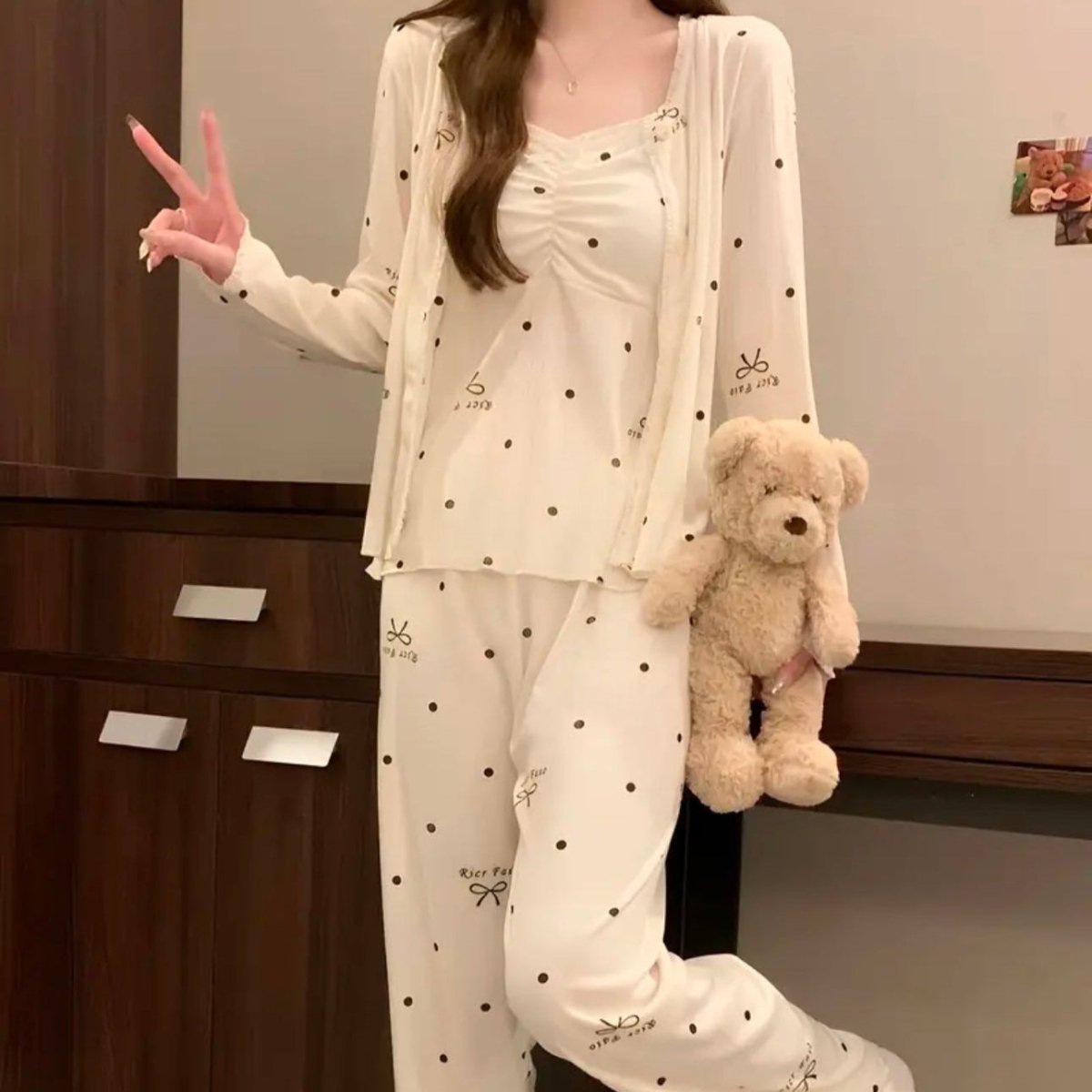 Polka Dot Bow Built - In Bra Pajama Set – Sweet & Stylish - Zero Bra