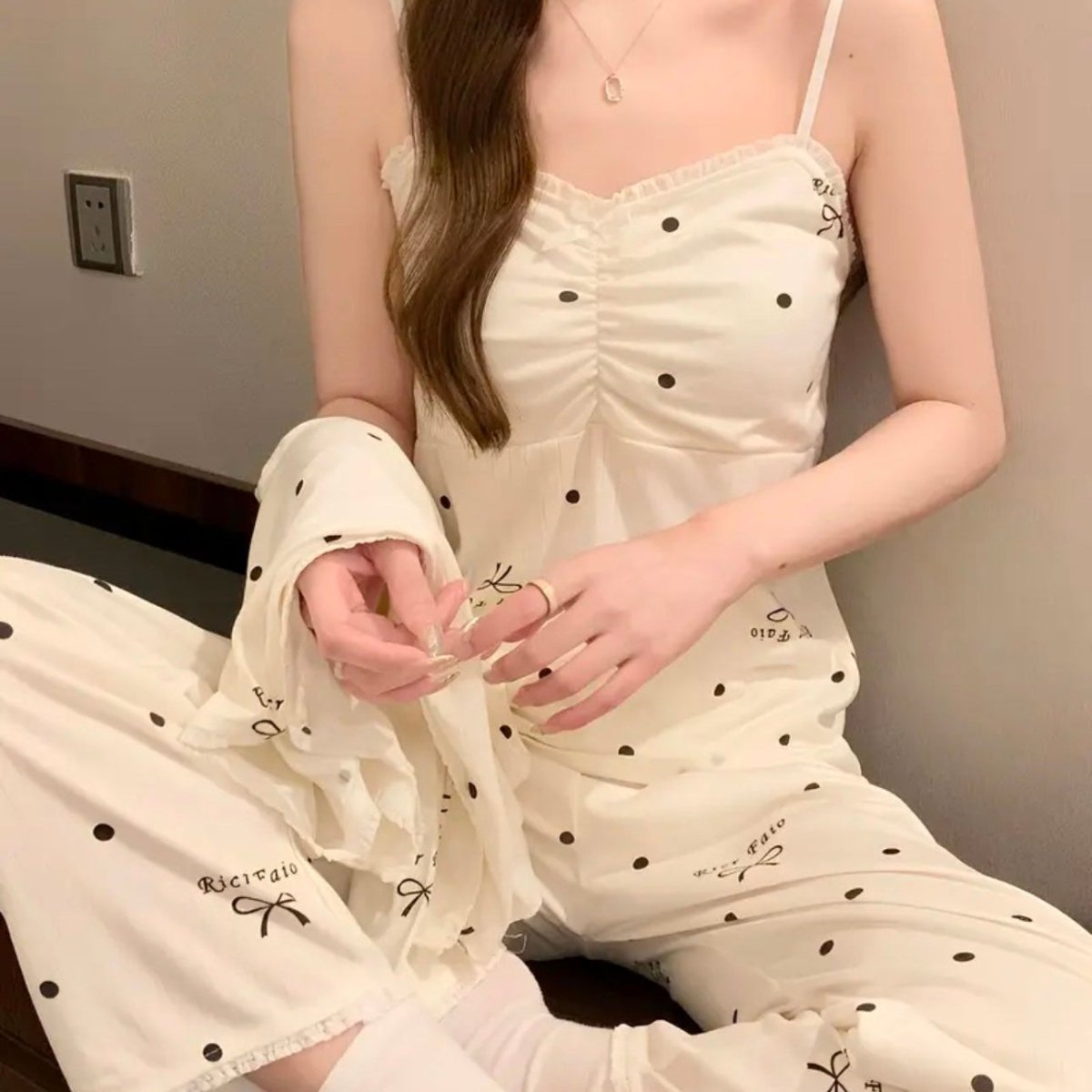 Polka Dot Bow Built - In Bra Pajama Set – Sweet & Stylish - Zero Bra