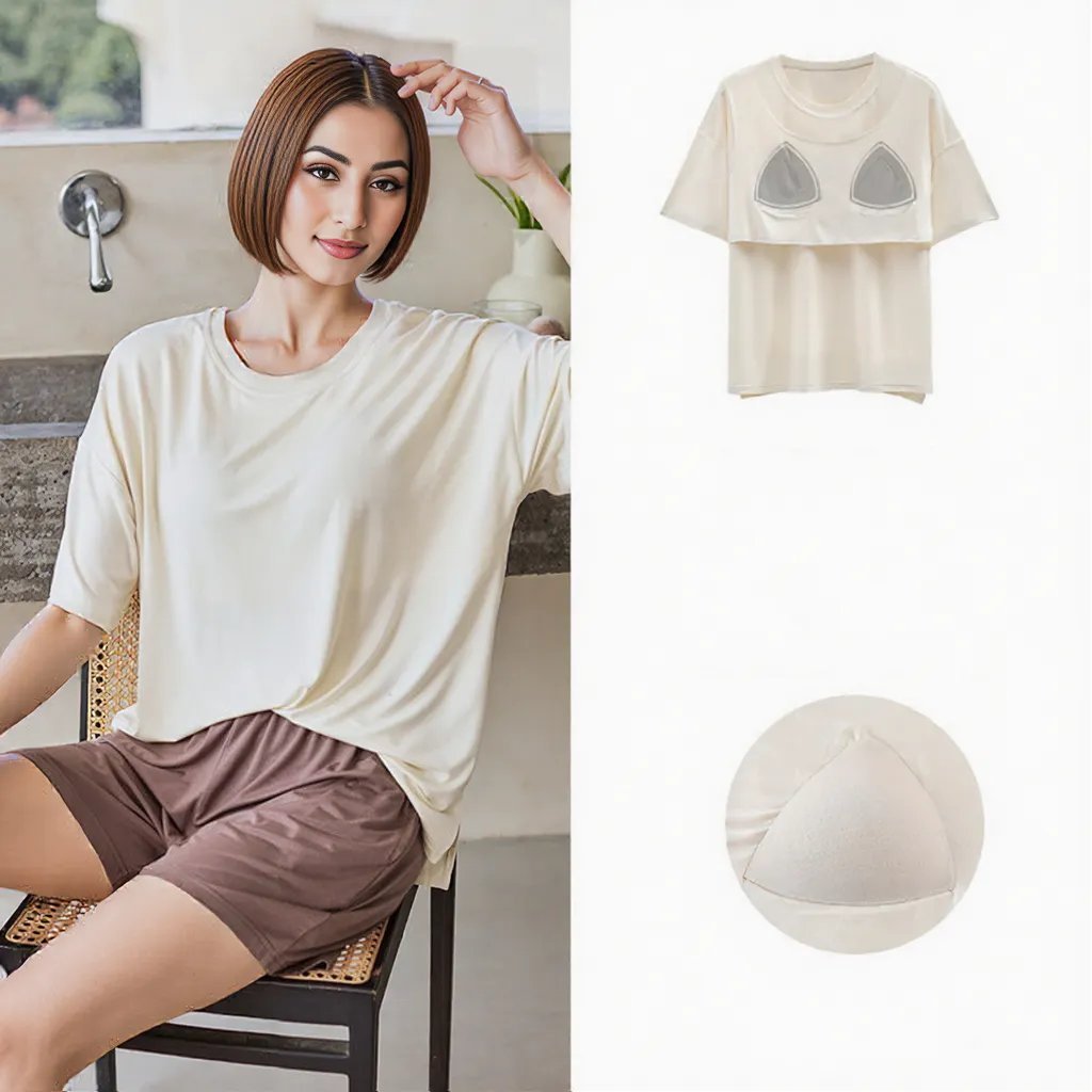 Premium Modal Cream Mocha Built - In Bra Lounge Set - Zero Bra