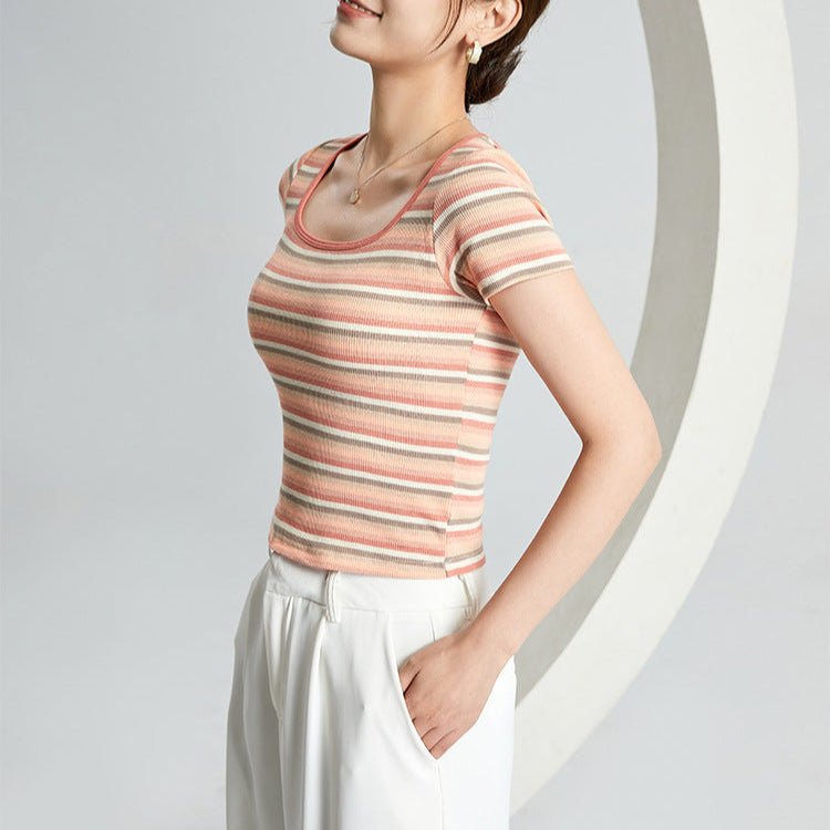 Retro Stripe Built - In Bra Tee – Colorful Vibes, Hidden Support! - Zero Bra