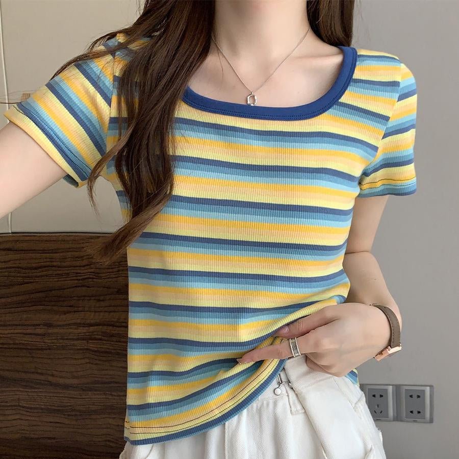 Retro Stripe Built - In Bra Tee – Colorful Vibes, Hidden Support! - Zero Bra