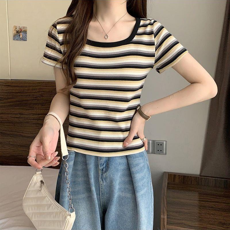 Retro Stripe Built - In Bra Tee – Colorful Vibes, Hidden Support! - Zero Bra