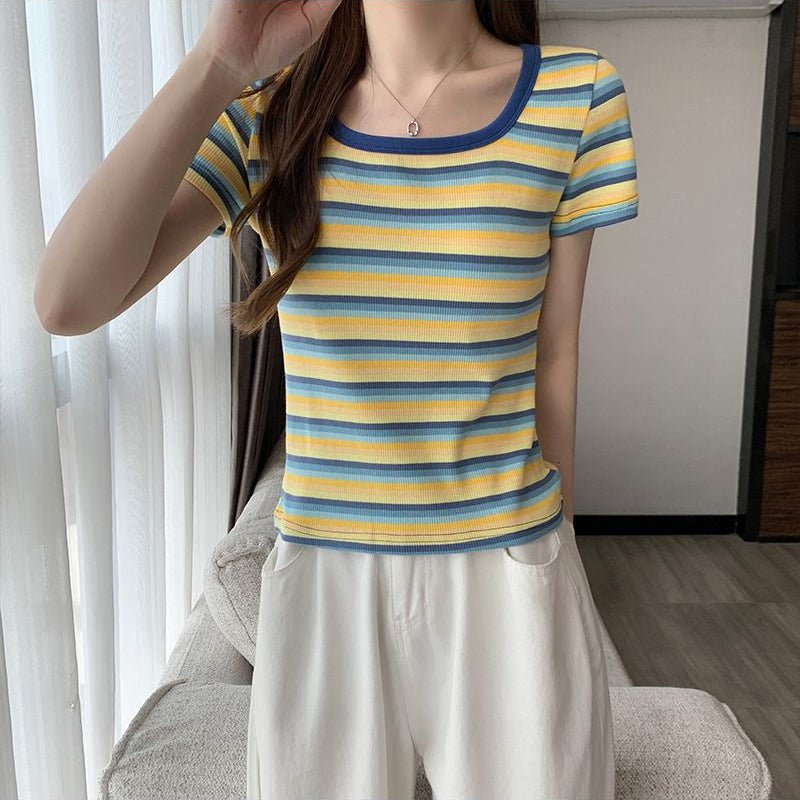 Retro Stripe Built - In Bra Tee – Colorful Vibes, Hidden Support! - Zero Bra