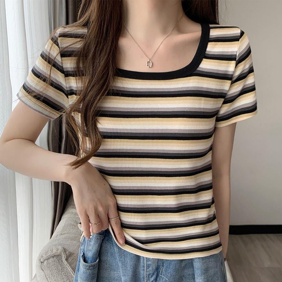 Retro Stripe Built - In Bra Tee – Colorful Vibes, Hidden Support! - Zero Bra